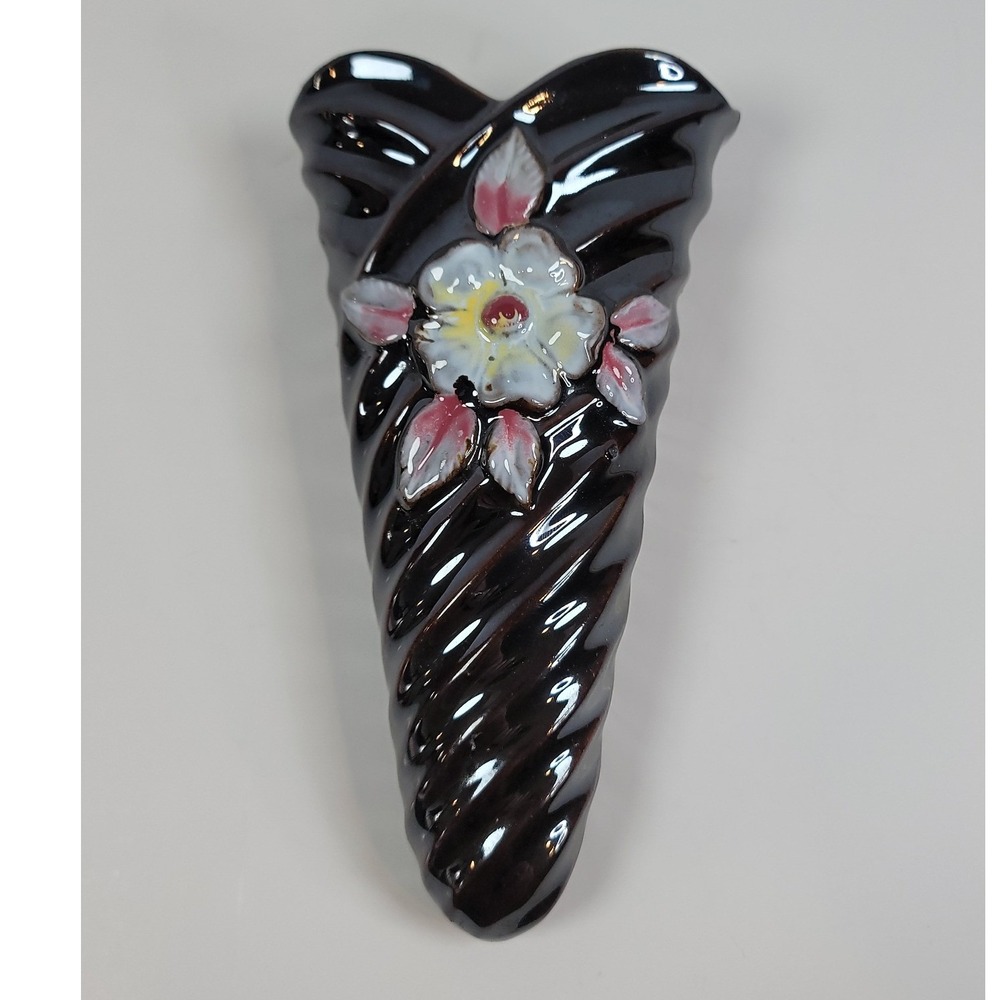 Vintage Brown Ceramic Wall Pocket Vase Floral Relief Cornucopia Spiral Design